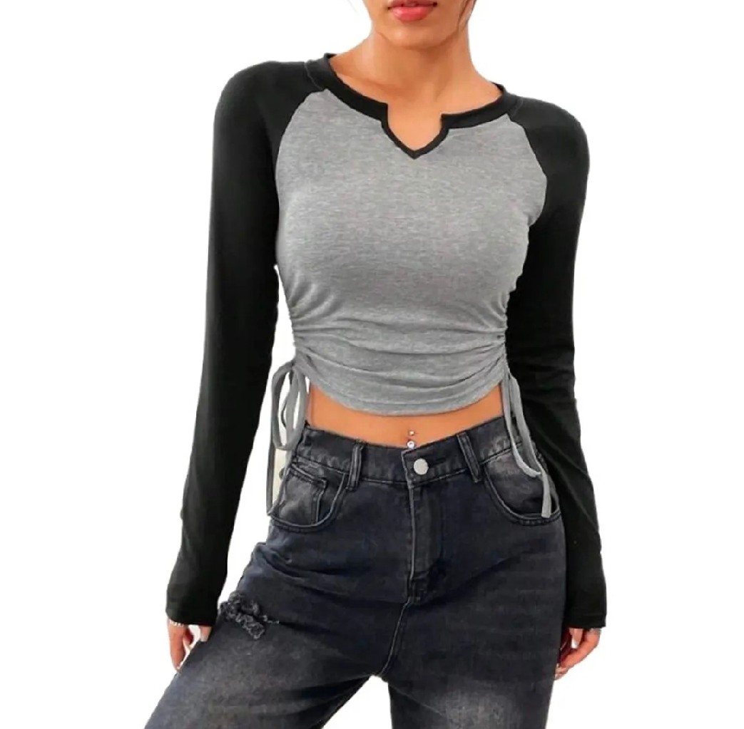 Drawstitched Ruched Reglan Sleeve Slim Fit T-shirt 